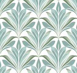 Art Deco style pattern with an elegant and symmetrical design, using soft pastel colors like green or light blue on a white background