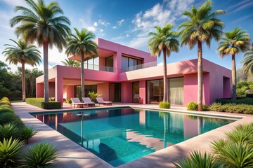 Sleek pink modern villa with sleek lines and minimalist architecture surrounded by swaying palm trees and a serene turquoise swimming pool on a sunny day.