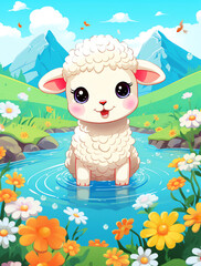 Obraz premium A cute cartoon baby sheep stands in the water, surrounded by flowers and mountains