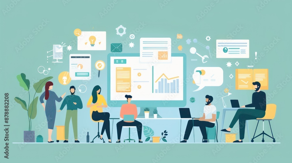 Poster a diverse team collaborating using a saas project management tool