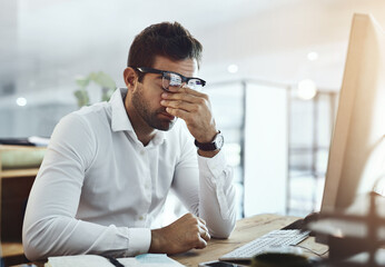 Tired, stress and businessman in office on computer for deadline on web design, project and research. Corporate, company and exhausted, fatigue and upset worker on pc for website, email and burnout