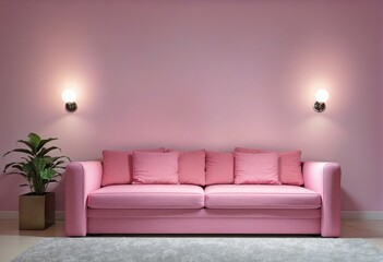 A pink couch with neon lights 