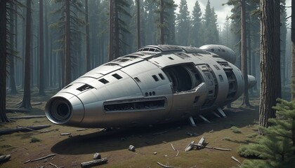 Obraz premium Wrecked spaceship in spruce forest 