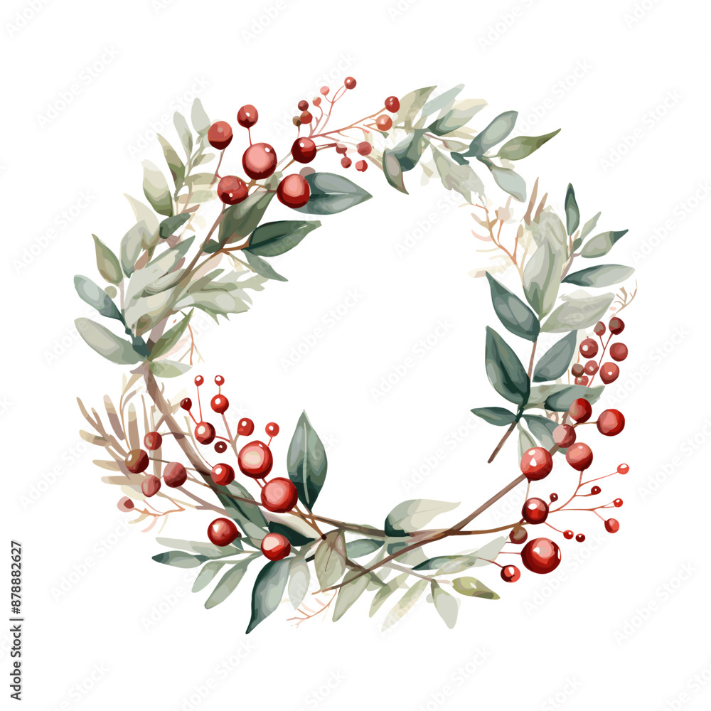 Wall mural watercolour of a boho christmas wreath with eucalyptus, berries and holly, soft neutral colour