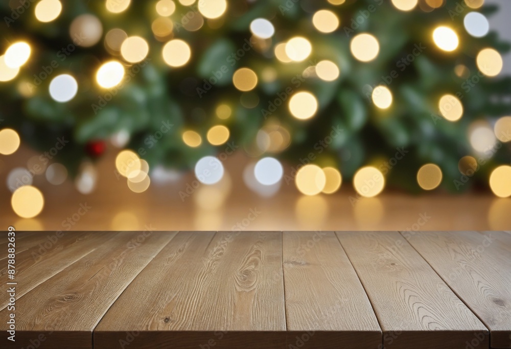 Poster empty wood table top with blur christmas tree with bokeh light background