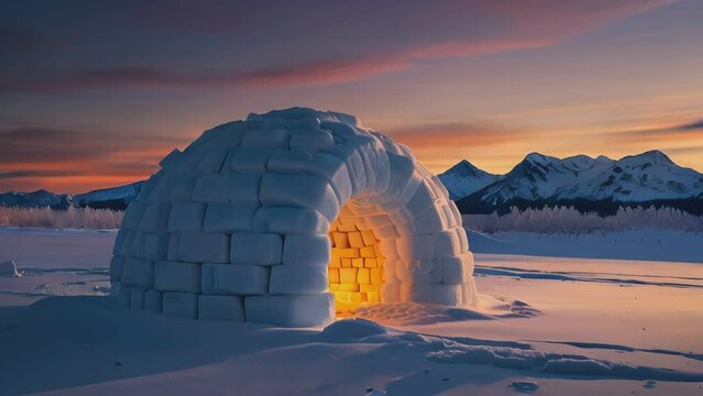 A snow igloo stands in a snowy field with mountains in the background. The sun is setting, casting a warm glow on the igloo