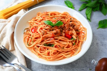 Home made Spaghetti with Tomato Sauce and minced pork in a white plate on gray cement background