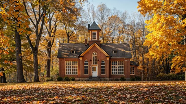 Classic brick schoolhouse with a bell tower surrounded by autumn trees