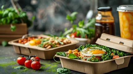 Healthy Meal Prep: A Close-Up View of a  Fried Egg Salad in a Takeaway Container