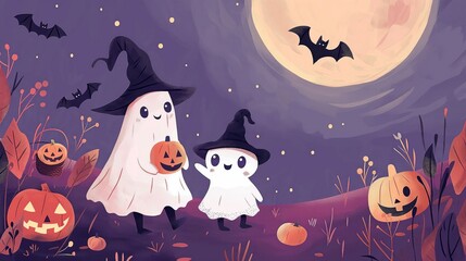 Joyful ghost mom and her baby celebrate Halloween in witch hats and with a pumpkin lantern
