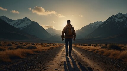 person walking on a road, Silhouette of business male stand and feel happy on the most height at the mountain on sunset, success, leader