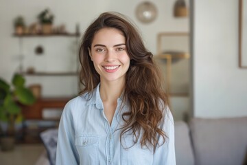 Fototapeta premium Smiling young woman relaxing at home, casual concept