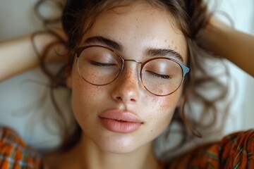 Obraz premium Eyestrain: Tired Woman with Glasses Massaging Eyes