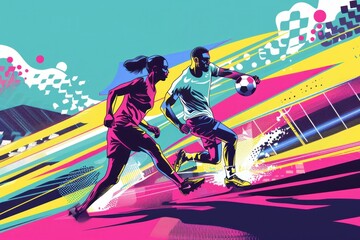 Sporty fun abstract soccer game with colorful lines and shapes in actionpacked illustration
