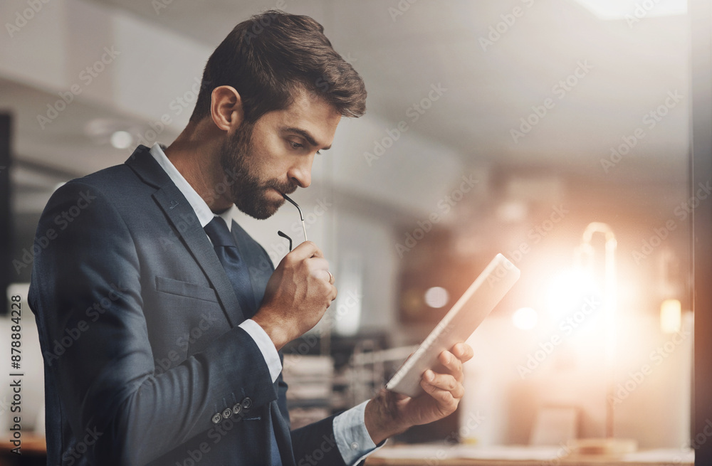 Poster business, man and thinking or serious with tablet in office for problem solving, brainstorming or in