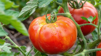 Ripe Tomato with Water Drops on Vine.