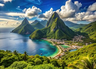 Obraz premium Spectacular crescent-shaped Soufriere Bay surrounded by lush green hills, with iconic Petit Piton rising dramatically from turquoise Caribbean Sea waters, Saint Lucia.