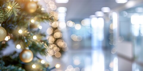 Golden Christmas tree close-up with blurred lights and office background festive seasonal decor holiday celebration winter concept
