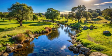 Fototapeta premium Serene Extremadura pasture landscape featuring a narrow, meandering stream with lush greenery, rustic stone banks, and scattered trees under a clear blue sky.