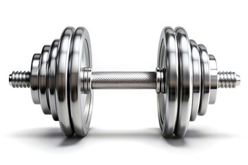 A chromed 3D dumbbell icon isolated on a white background, featuring detailed textures and subtle shadows, symbolizing strength, fitness, and weightlifting exercises.
