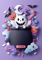 Fototapeta premium Unique Halloween party banners with paper cut clouds, bats, and pumpkins. A full moon in the purple sky, spider webs, and a witch's cauldron, ready for your message., Generative Ai