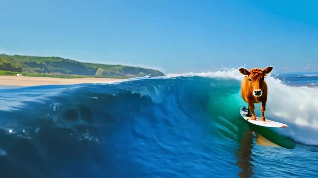 Miniature bison balances on surfboard atop massive ocean wave. Shaggy coat glistens with spray, contrasting against vibrant blue water and sky. Foamy white crest frames the unlikely surfer.	