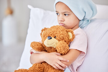 Teddy bear, sick and patient in bed at hospital in recovery with chemotherapy treatment for cancer....