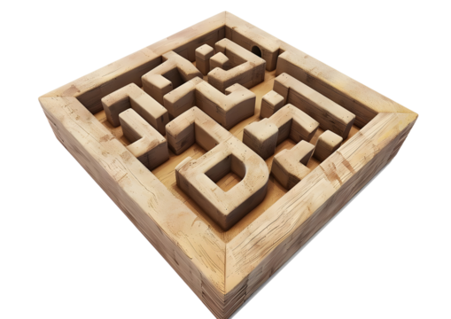 Wooden labyrinth puzzle with intricate design in a 3D render Isolated on a transparent background