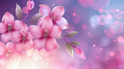 Fototapeta premium Delicate pink blossoms intertwined with verdant leaves set against a calming pastel gradient of purple and pink. Light flares and soft bokeh effects add a whimsical, ethereal touch. 