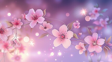 Vivid pink flowers and lush green leaves bloom against a soft pastel purple and pink gradient. Light flares and gentle bokeh create a dreamy, ethereal atmosphere.
