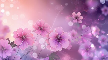 Fototapeta premium Soft pink flowers and fresh green leaves stand out against a pastel purple-pink gradient background, with subtle light flares and bokeh adding a magical, dreamlike touch. 