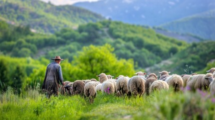 Shepherd Leading Flock of Sheep Through Lush Green Fields.