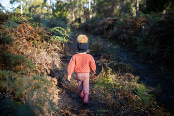 toddler walking  in the wild forest together walking in a park in australia in spring exploring