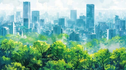 A modern city skyline intertwined with lush greenery, blending urban life with nature's tranquility, highlighting sustainability and green urban planning.
