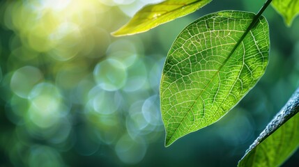 Nature's essence: Detailed veins on a sunlit green leaf, nestled among blurred greenery. Evokes themes of growth and environmental harmony.
