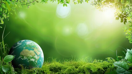A verdant vista: Earth, enveloped in foliage, nestled amid lush grass and leaves. Radiant light from above signifies global harmony and environmental stewardship.
