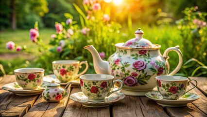 Delicate porcelain tea pot adorned with floral patterns sits atop a vintage wooden table, surrounded by lush greenery and ornate antique tea cups.
