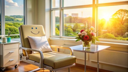 A serene hospital room with sunlit window, empty chairs, and a gentle smile on a get-well card, conveying warmth and compassion.