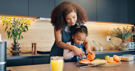 Sandwich, mom or prepare meal with child for development, learning or nutrition at home. Kid,...