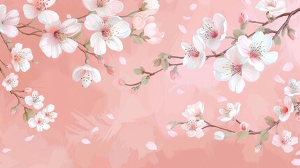 Soft pink cherry blossoms delicately grace branches against a serene backdrop, creating an elegant and tranquil scene.
