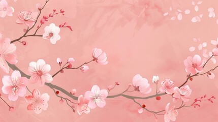 Delicate cherry blossoms in soft pink hues adorn branches against a serene pink background, embodying elegance.
