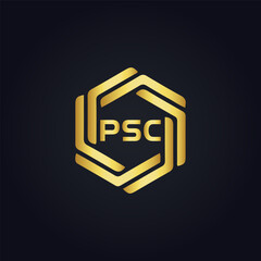 PSC logo. P S C design. White PSC letter. PSC, P S C letter logo design. P S C letter logo design in GOLD, GOLDEN LOGO, THREE, style. letter logo set in one artboard. P S C letter logo vector design.
