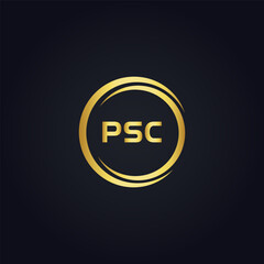 PSC logo. P S C design. White PSC letter. PSC, P S C letter logo design. P S C letter logo design in GOLD, GOLDEN LOGO, THREE, style. letter logo set in one artboard. P S C letter logo vector design.
