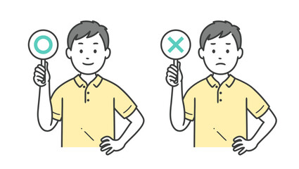 まるとばつの札を上げ腰に手を当てる介護士男性イラスト
