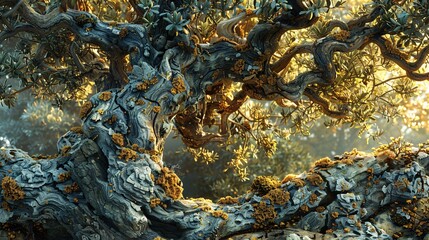 Close-up of a gnarled tree trunk with moss and lichen