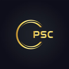 PSC logo. P S C design. White PSC letter. PSC, P S C letter logo design. P S C letter logo design in GOLD, GOLDEN LOGO, THREE, style. letter logo set in one artboard. P S C letter logo vector design.
