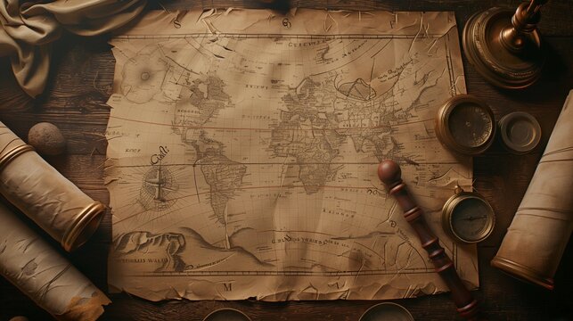 Old maps with marine equipment like compass, magnifier or hourglass and blank vintage card for your inscript. Columbus Day concept.