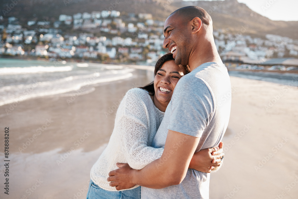 Poster Couple, hug and laugh in outdoor on beach, romance and bonding for healthy marriage or trust. People, happiness and holiday in nature for relationship, embrace and support for security on island