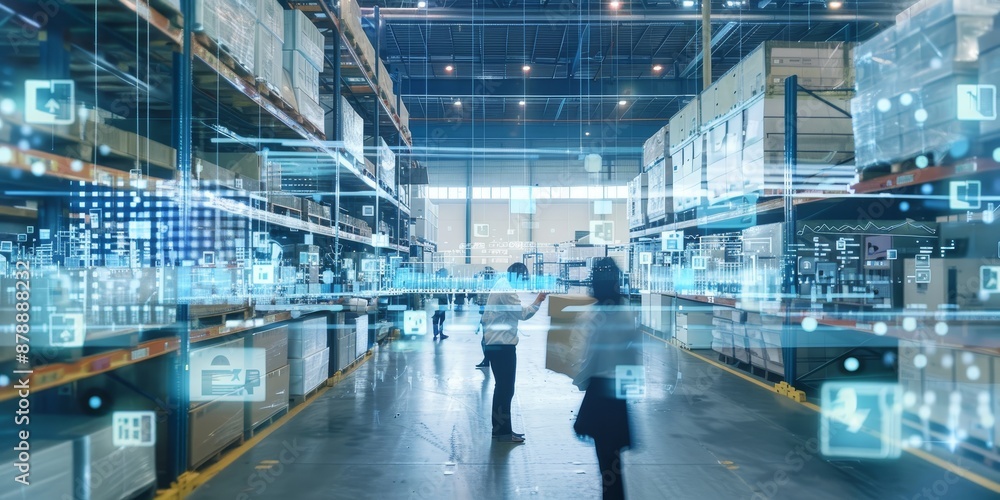 Poster workers in a logistics center managing the flow of goods, highlighting the efficiency and coordinati