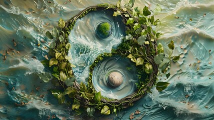 Tranquil background featuring a yin yang symbol crafted from natural elements like leaves and waves.
